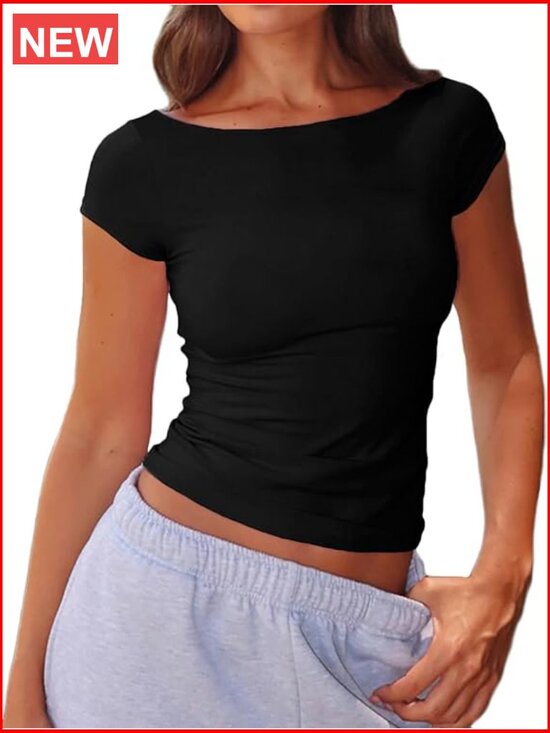 Tops - Boat Neck Short Sleeve T-Shirt Y2K Going Out Top Summer Baby Tee